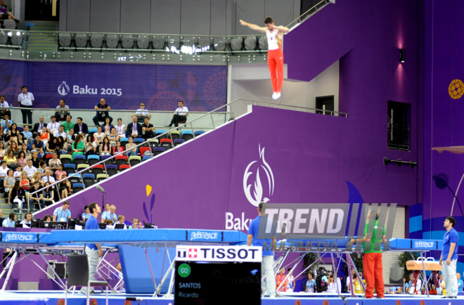 Bakı-2015 Avropa Oyunları çərçivəsində batut gimnastikası üzrə kişilər və qadınlar arasında təsnifat yarışları. Azərbaycan, 17 iyun 2015 